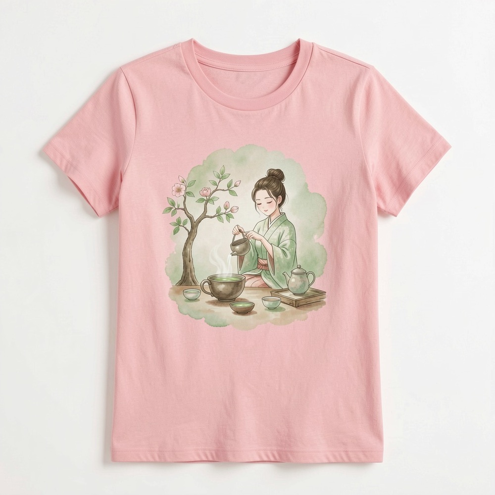 Gildan Pink Tee with Green Tea Ceremony Illustration